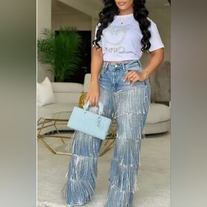 Stylish Blue Fringe Women Jeans